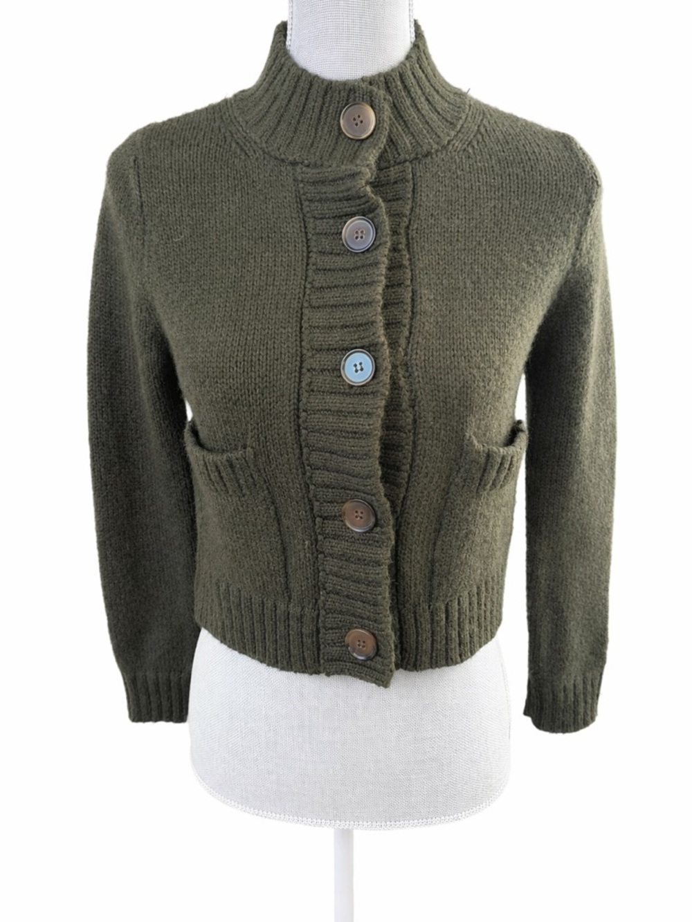 Mango Olive Green Cropped  Ribbed Mock-Neck Button Cardigan XXS